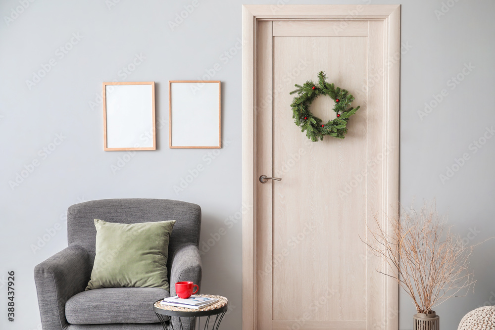 Interior of modern room decorated for Christmas