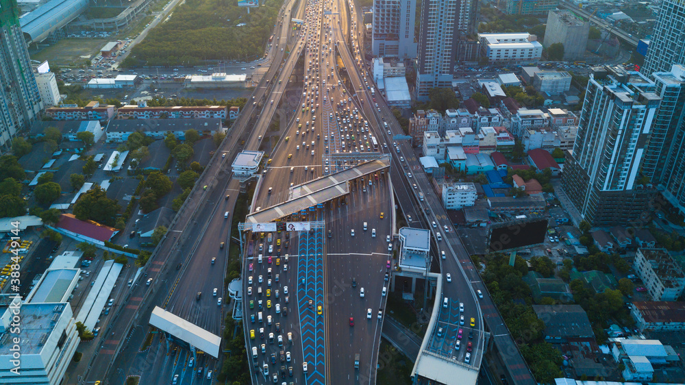 Aerial view traffic jam in city, Rush hour traffic jam in metropolis city at sunset.