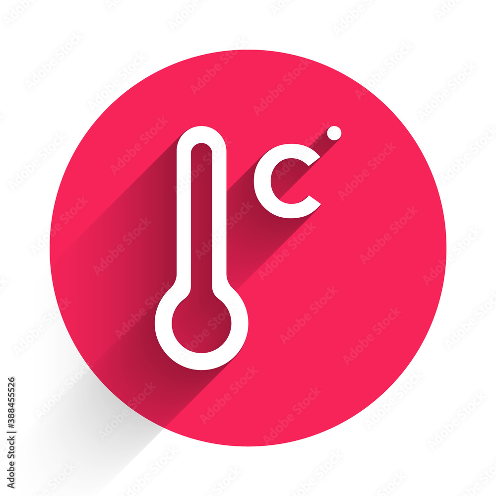 White Meteorology thermometer measuring icon isolated with long shadow. Thermometer equipment showin