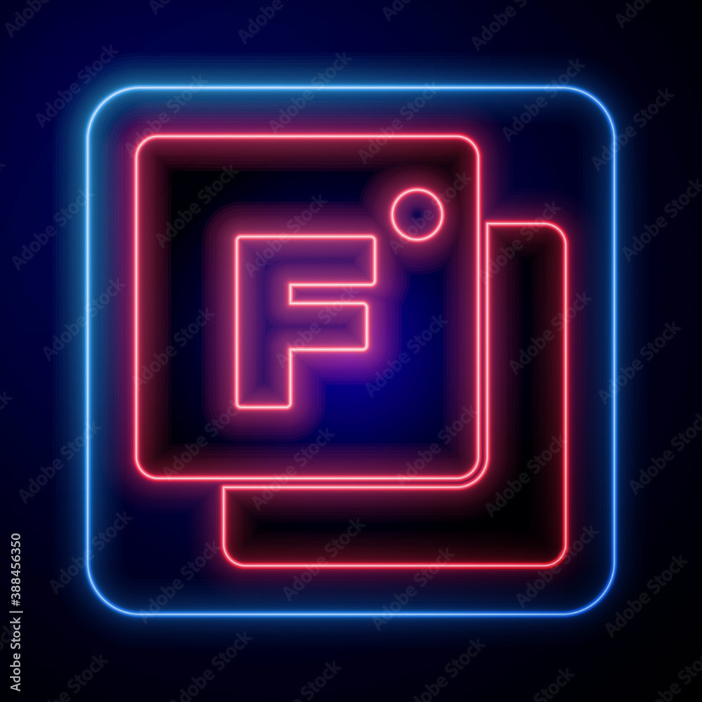 Glowing neon Fahrenheit icon isolated on blue background. Vector.