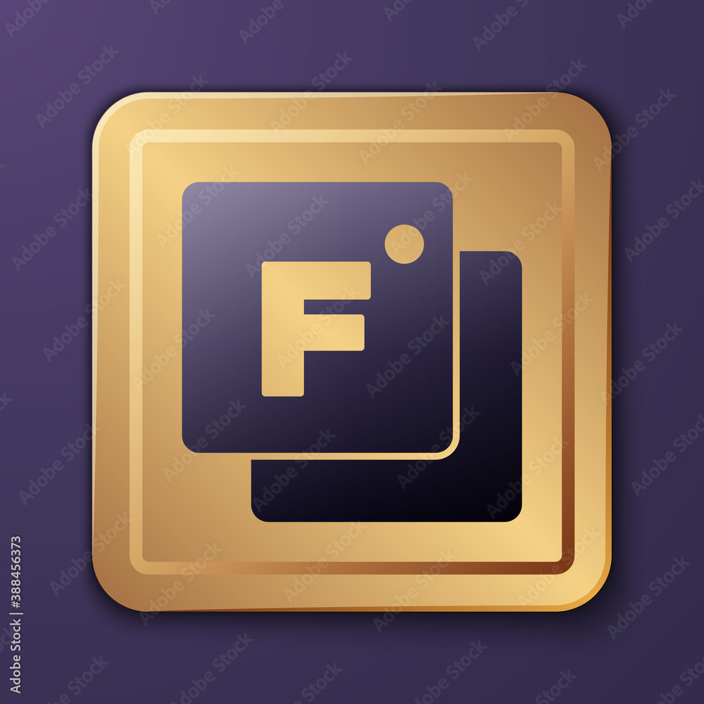 Purple Fahrenheit icon isolated on purple background. Gold square button. Vector.