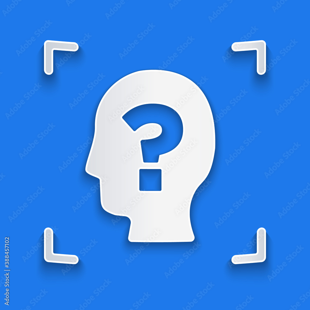 Paper cut Face recognition icon isolated on blue background. Face identification scanner icon. Facia