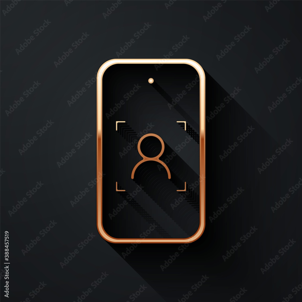 Gold Mobile phone and face recognition icon isolated on black background. Face identification scanne