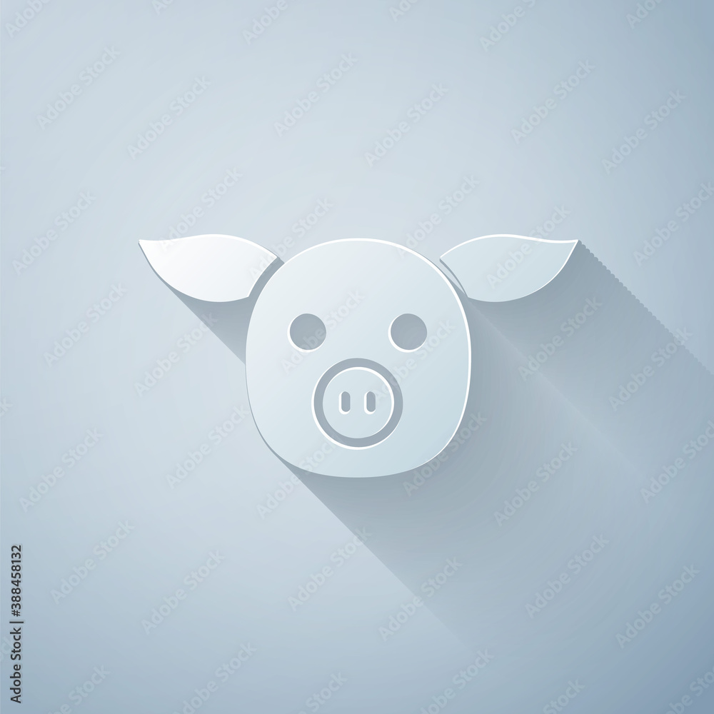 Paper cut Pig icon isolated on grey background. Animal symbol. Paper art style. Vector.