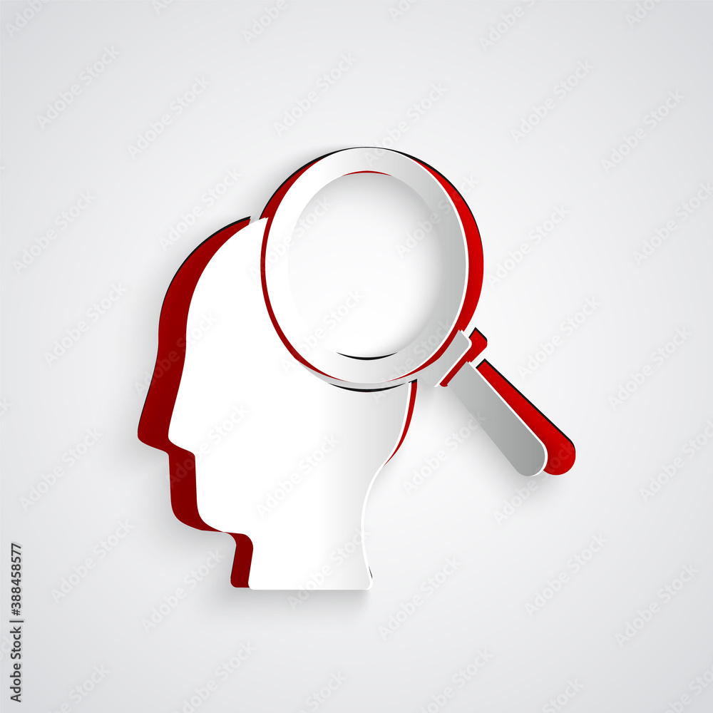 Paper cut Finding a problem in psychology icon isolated on grey background. Paper art style. Vector.