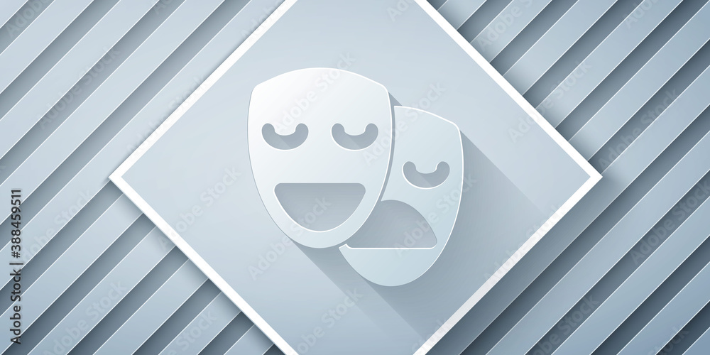 Paper cut Comedy and tragedy theatrical masks icon isolated on grey background. Paper art style. Vec