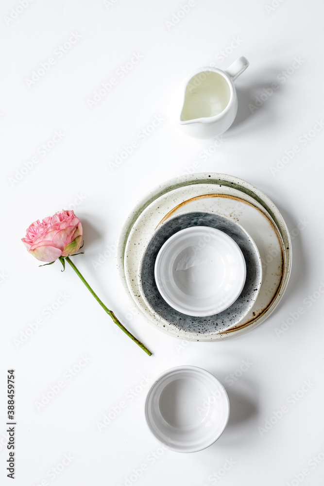 ceramic tableware top view on white background mock up