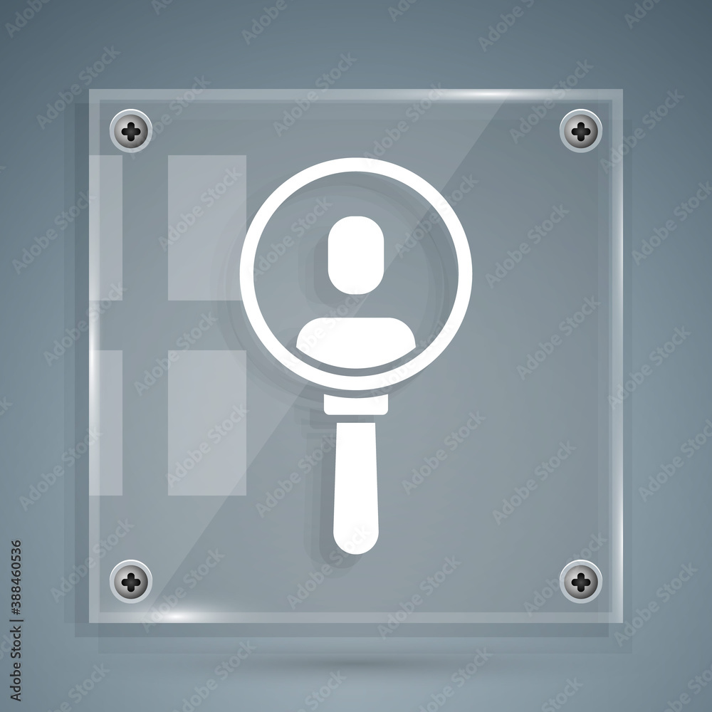 White Magnifying glass for search a people icon isolated on grey background. Recruitment or selectio