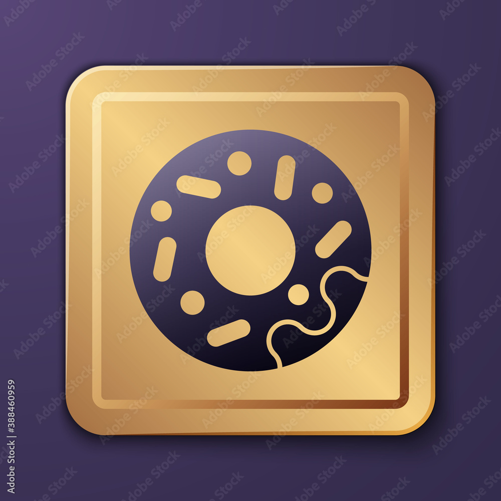 Purple Donut with sweet glaze icon isolated on purple background. Gold square button. Vector.