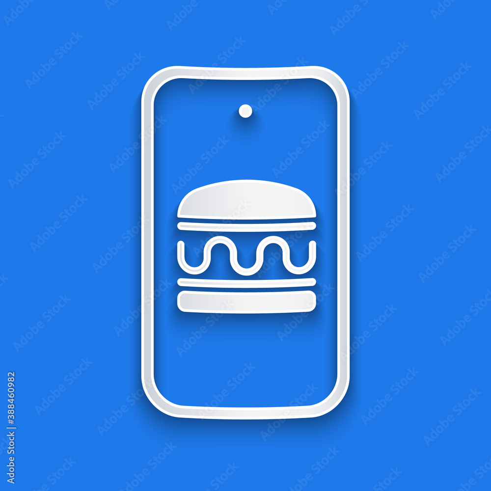 Paper cut Online ordering and fast food delivery icon isolated on blue background. Burger sign. Pape