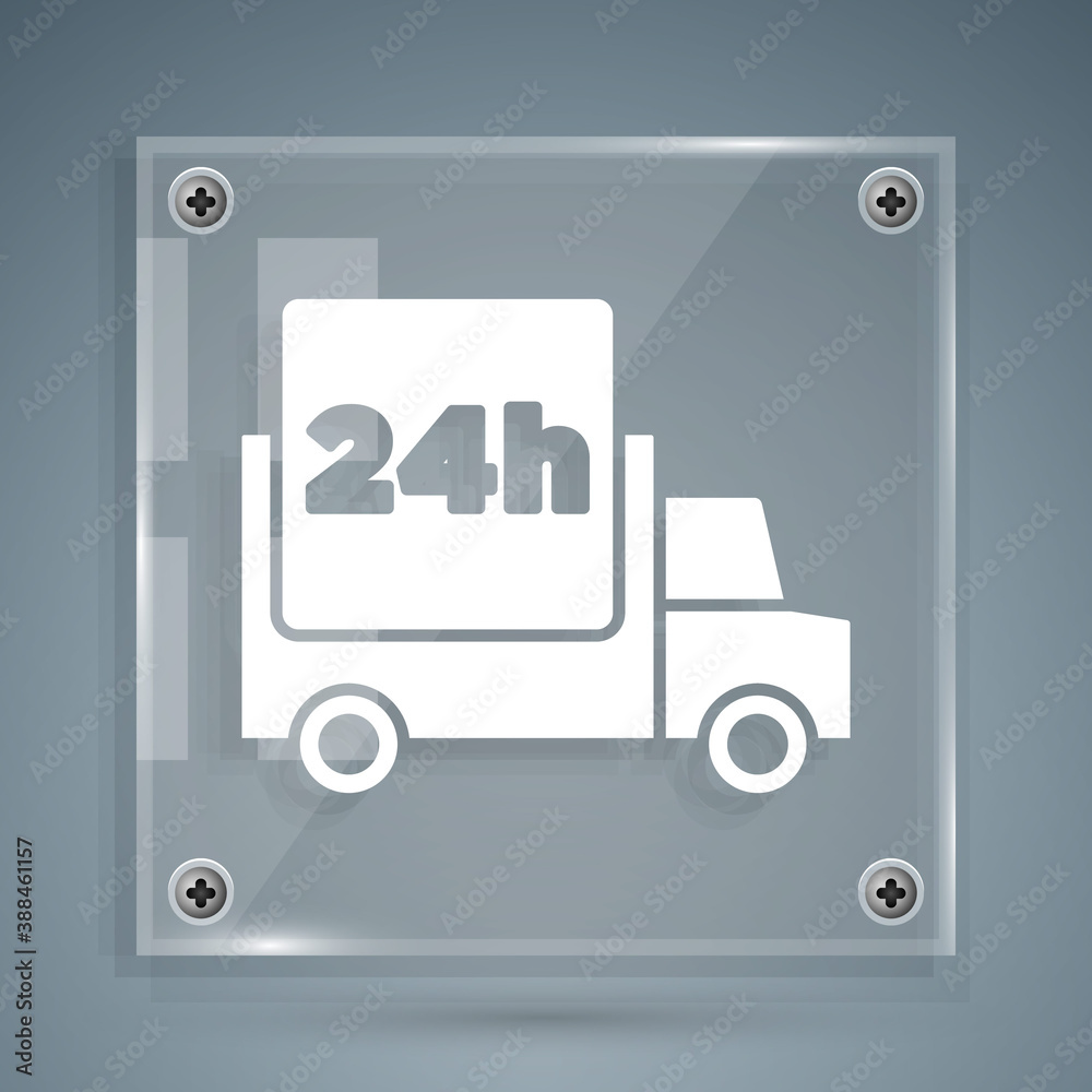 White Fast round the clock delivery by car icon isolated on grey background. Square glass panels. Ve