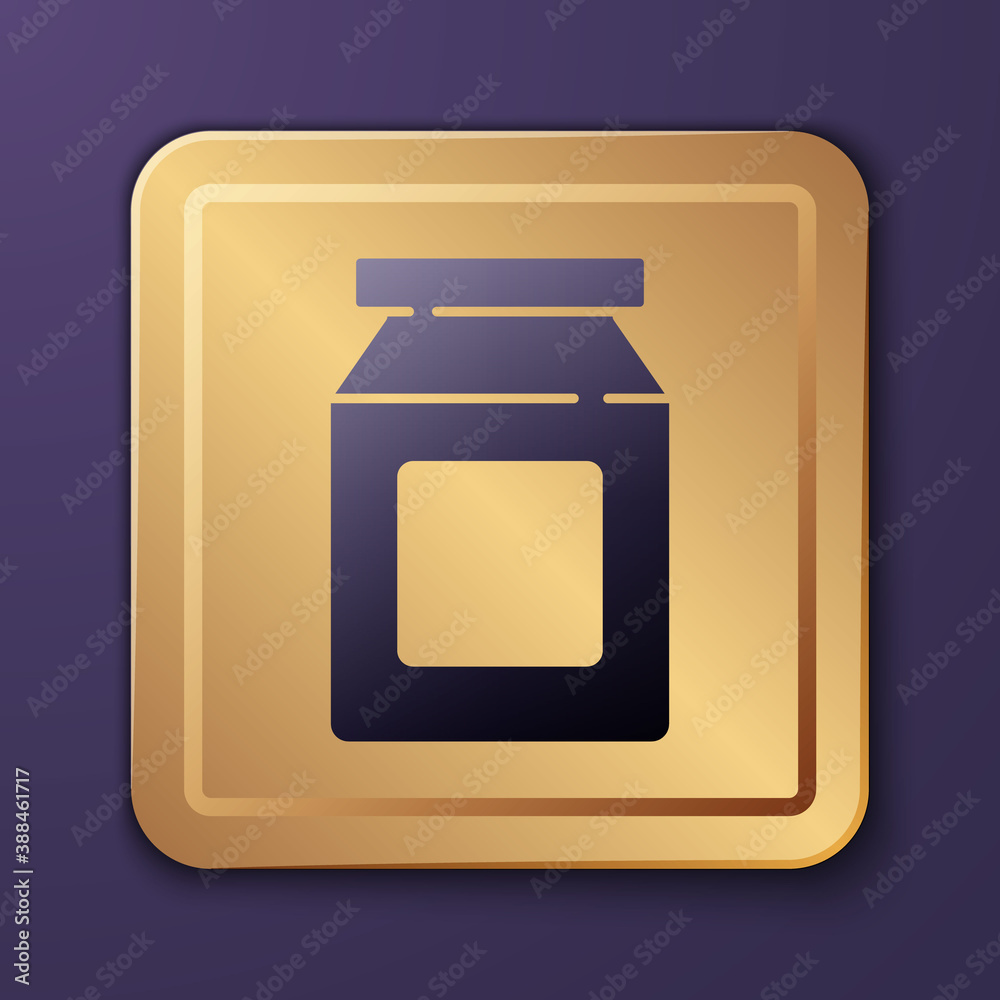 Purple Online ordering and fast food delivery icon isolated on purple background. Gold square button