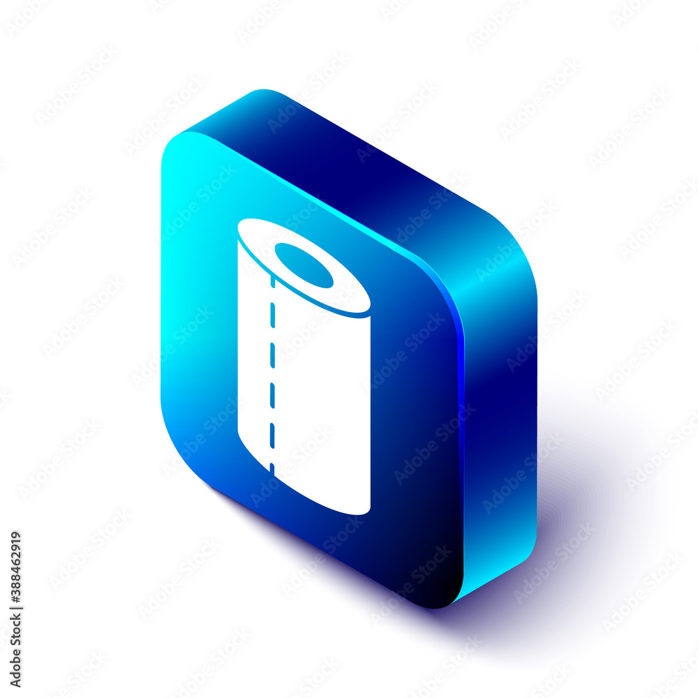 Isometric Paper towel roll icon isolated on white background. Blue square button. Vector.