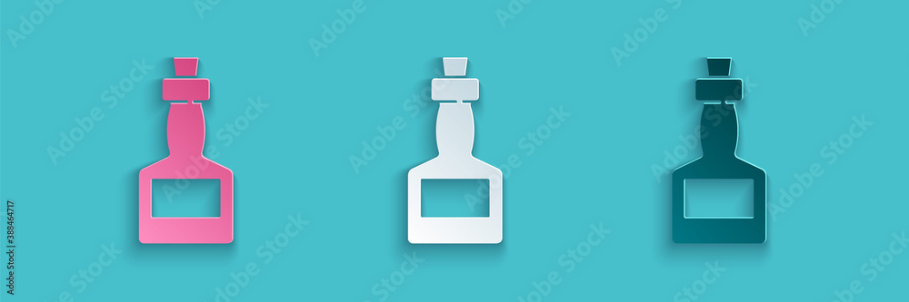 Paper cut Tabasco sauce icon isolated on blue background. Chili cayenne spicy pepper sauce. Paper ar