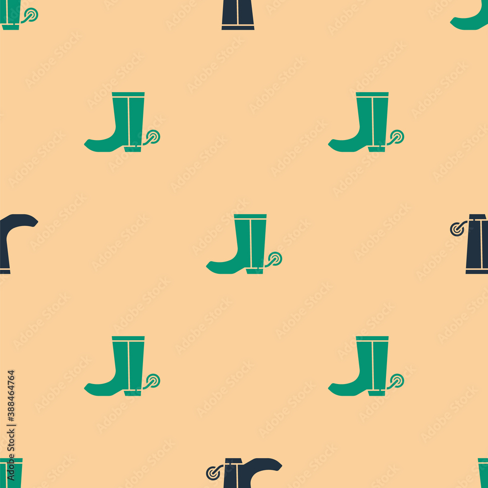 Green and black Cowboy boot icon isolated seamless pattern on beige background. Vector.