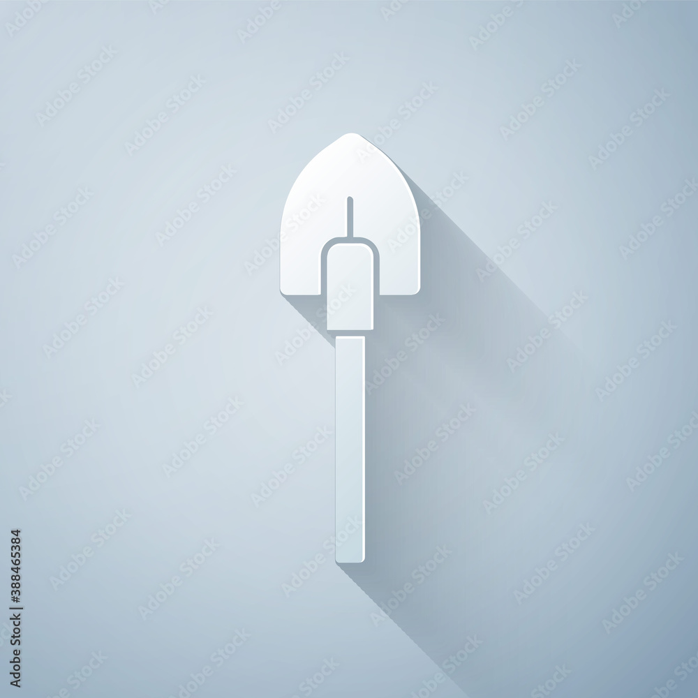 Paper cut Shovel icon isolated on grey background. Gardening tool. Tool for horticulture, agricultur