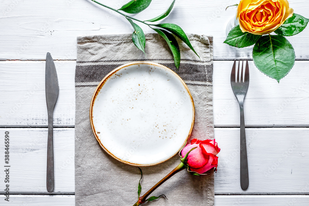 ceramic tableware top view on wooden background mock up