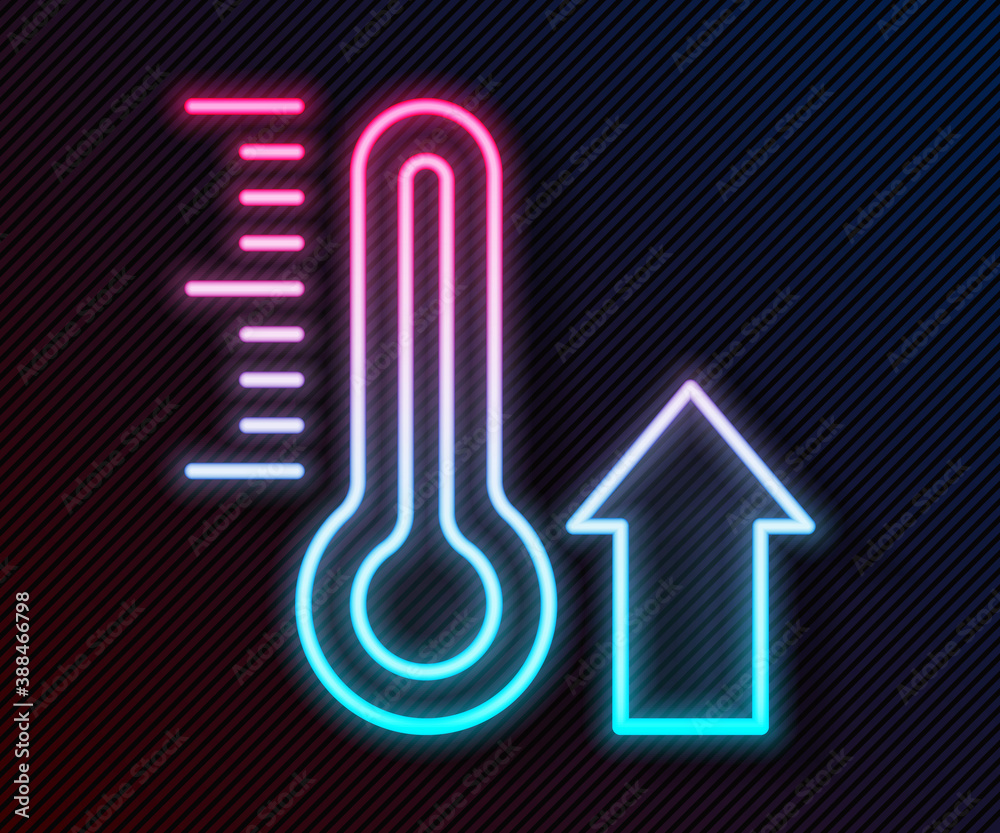 Glowing neon line Meteorology thermometer measuring icon isolated on black background. Thermometer e