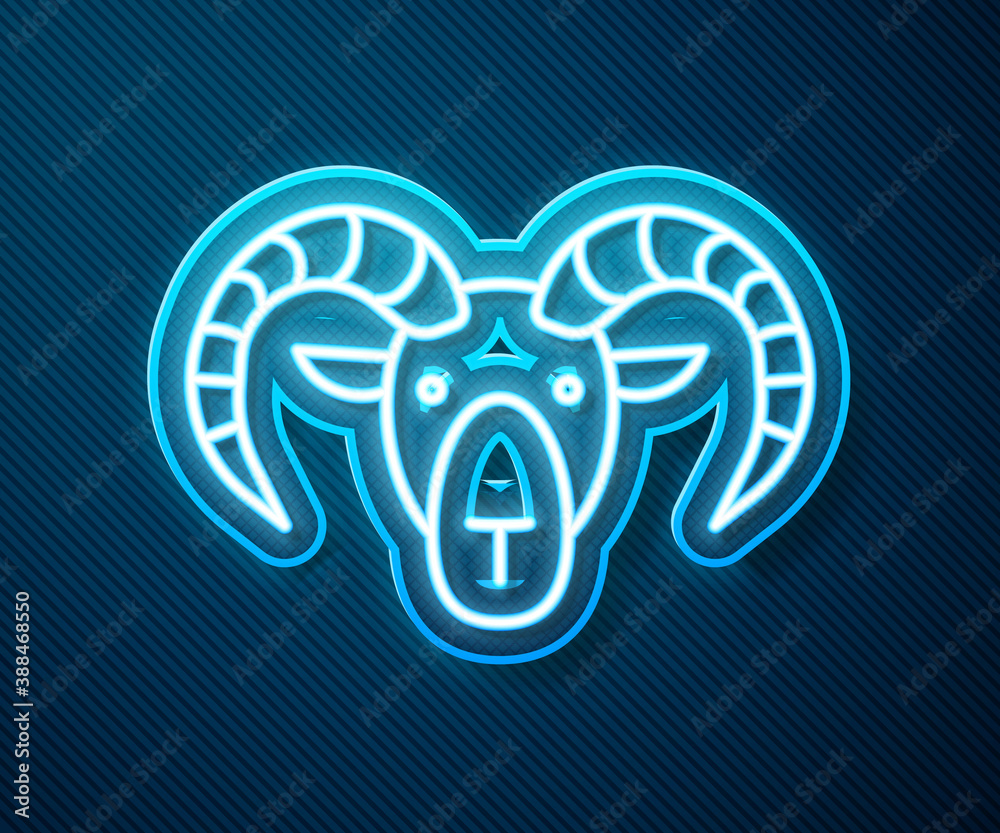 Glowing neon line Head of goat or ram icon isolated on blue background. Mountain sheep. Animal symbo