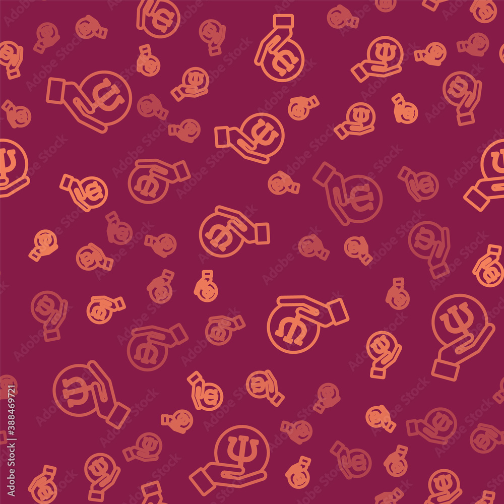 Brown line Psychology icon isolated seamless pattern on red background. Psi symbol. Mental health co