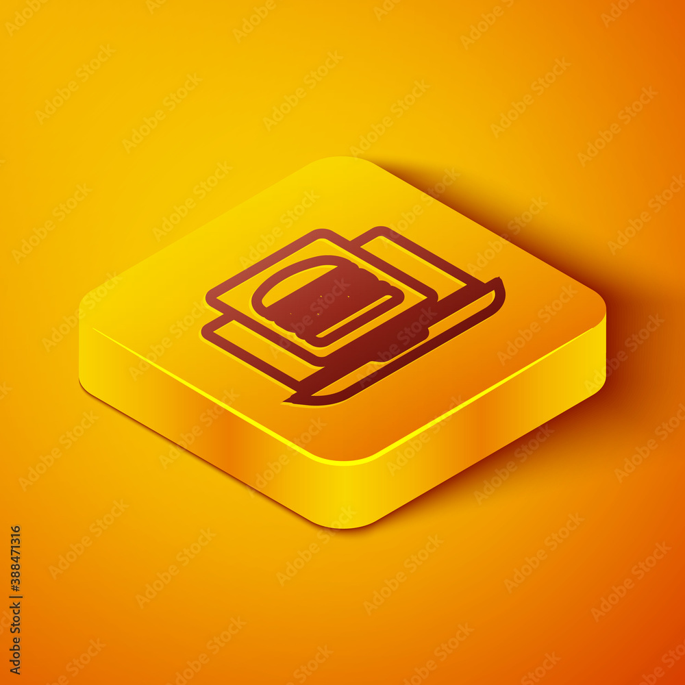 Isometric line Online ordering and burger delivery icon isolated on orange background. Yellow square