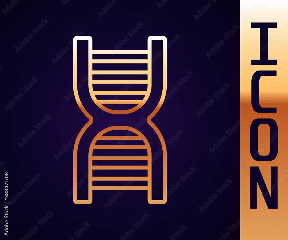 Gold line DNA symbol icon isolated on black background. Vector.