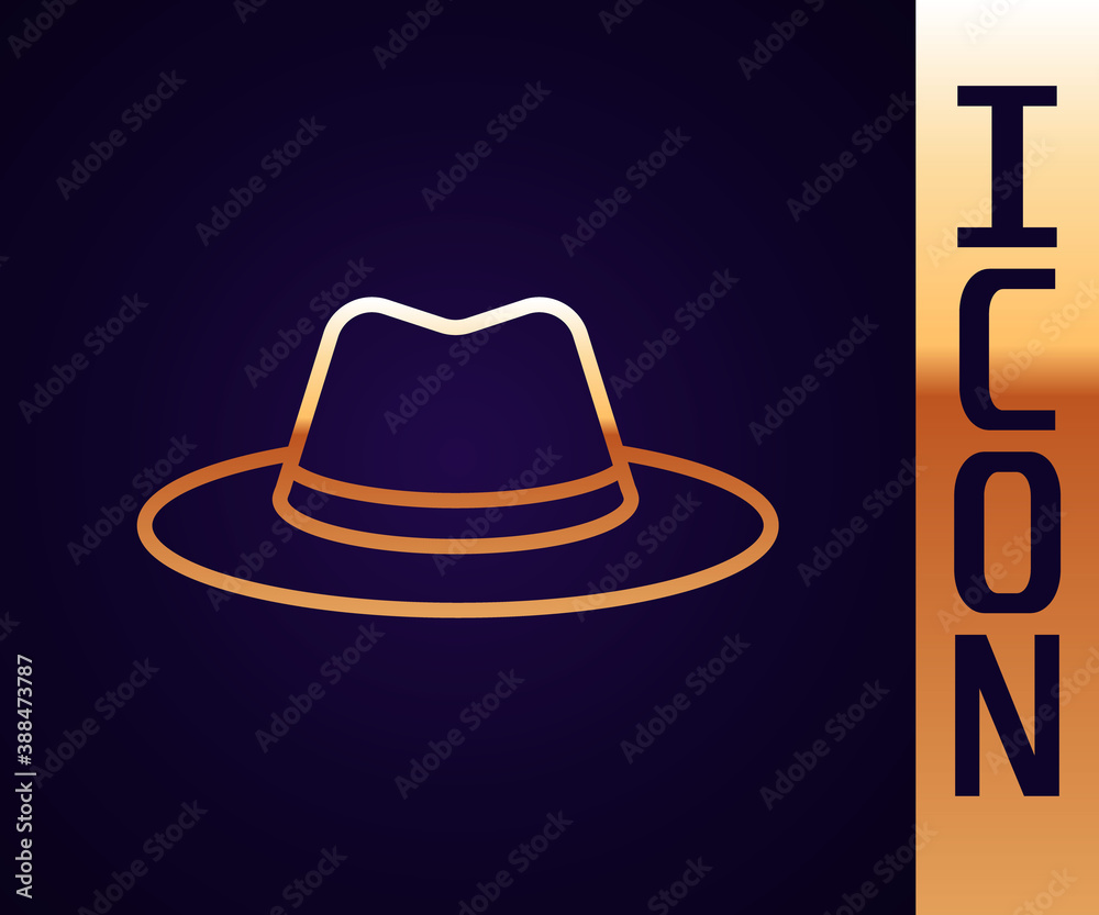 Gold line Western cowboy hat icon isolated on black background. Vector.