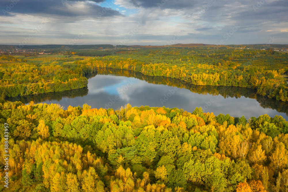 Golden autumn of Poland by the Straszyn lake from above.