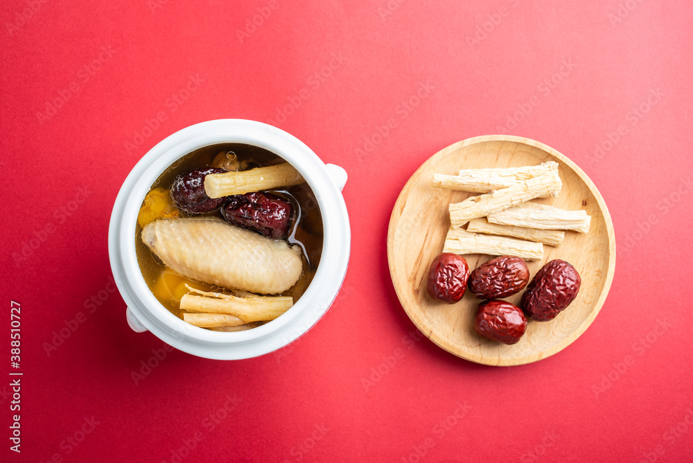 Traditional tonic soup with red dates and codonopsis stewed chicken soup