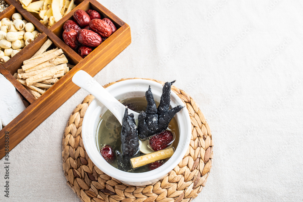 Stewed black-bone chicken with red dates and Codonopsis