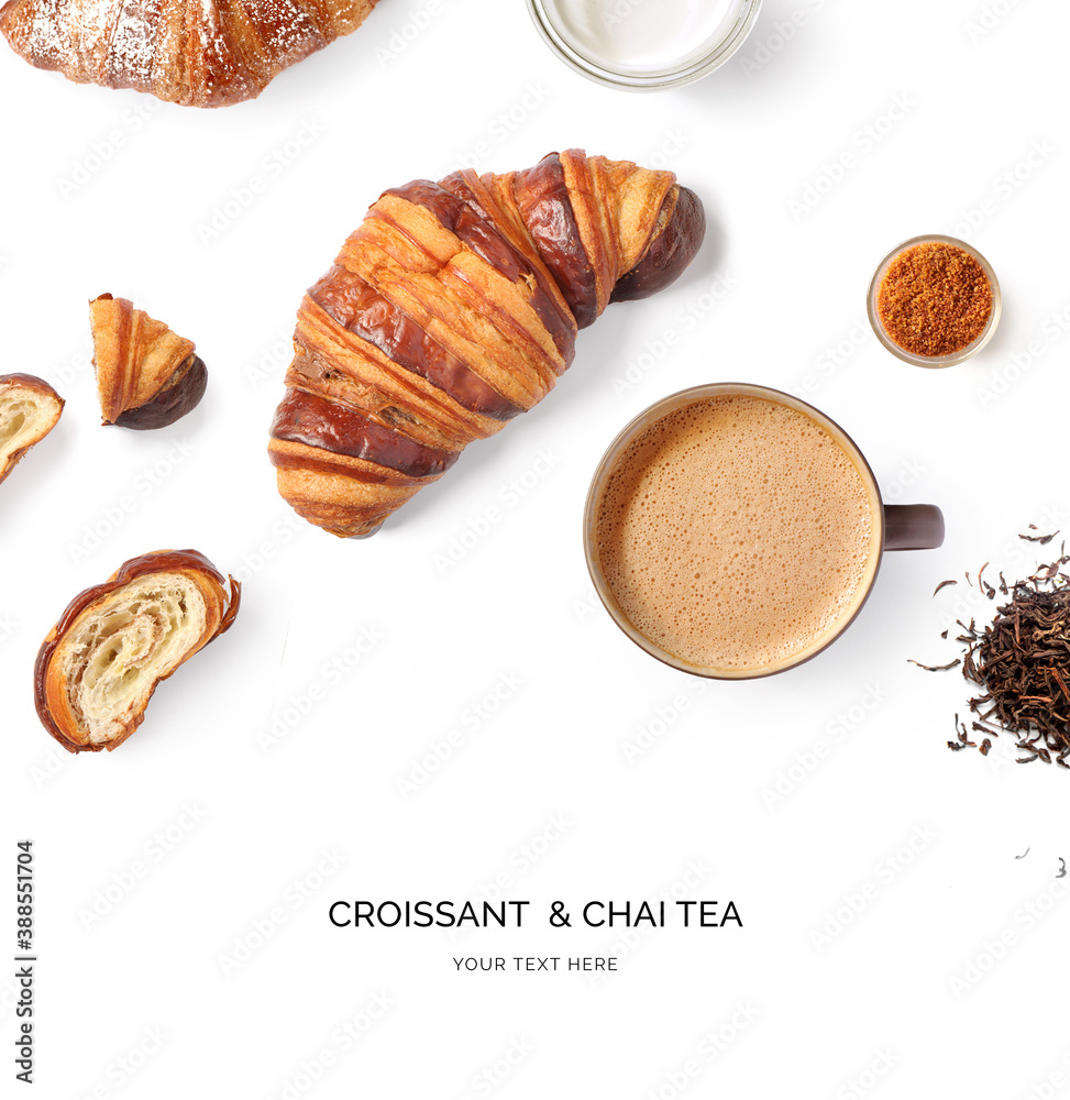 Creative layout made of chocolate croissant  on a white background. Top view.