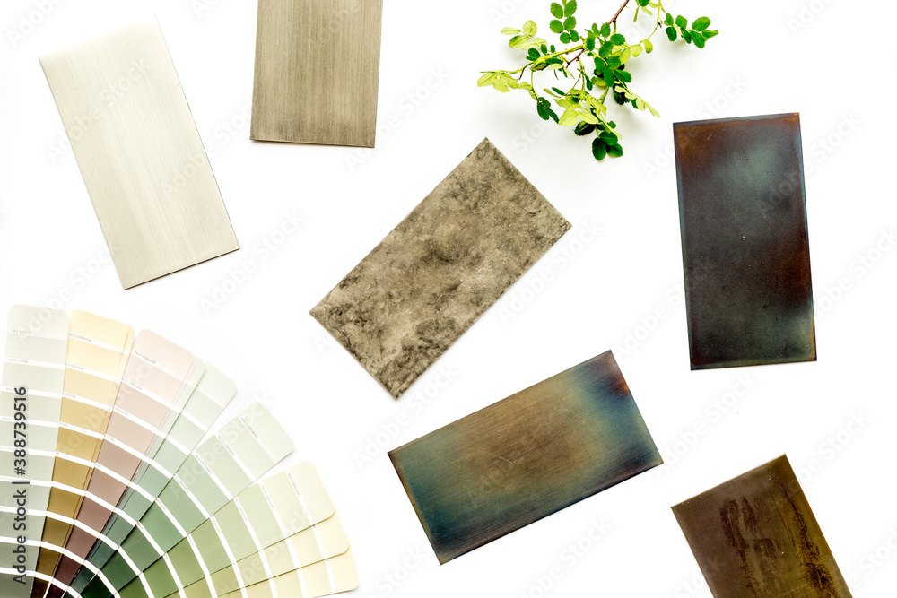 Color scheme with samples of material - kitchen countertops and wooden cabinet. Flat lay