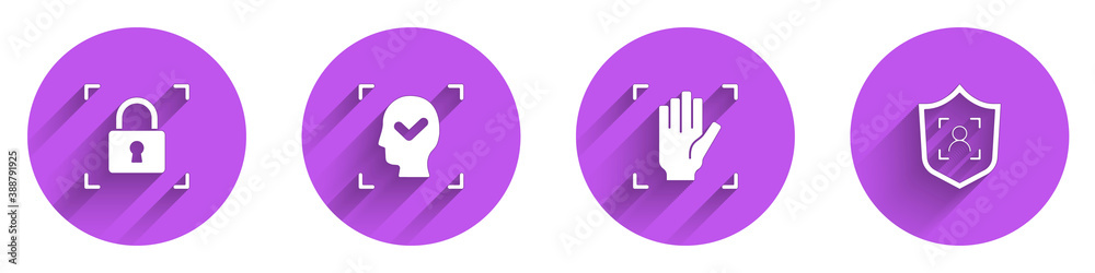 Set Fingerprint with lock, Face recognition, Palm and Shield face icon with long shadow. Vector.