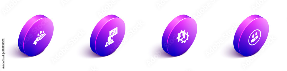 Set Isometric Hand for search a people, like, Head hunting and Project team base icon. Vector.