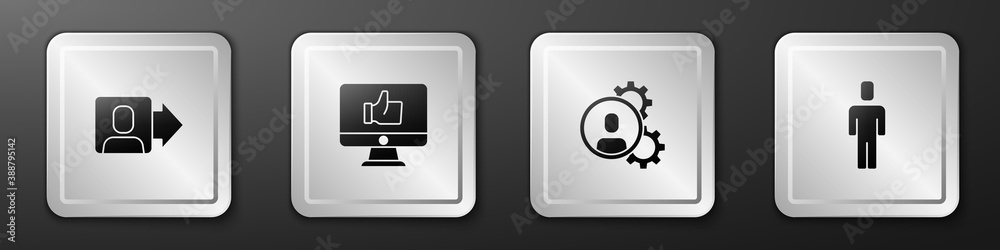 Set Team leader, Hand like, Head hunting and icon. Silver square button. Vector.