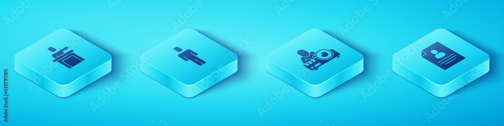 Set Isometric Speaker, Head hunting, Resume and Media projector icon. Vector.