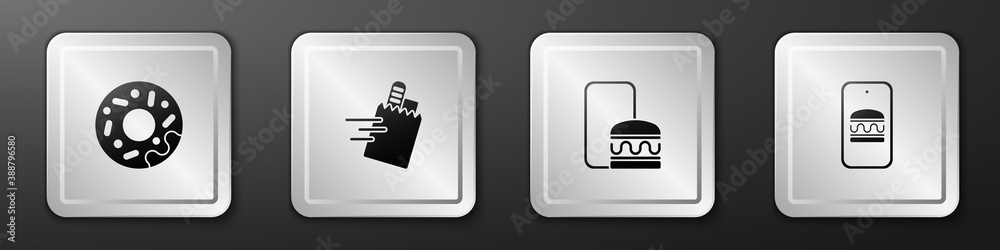 Set Donut, Online ordering and delivery, and icon. Silver square button. Vector.