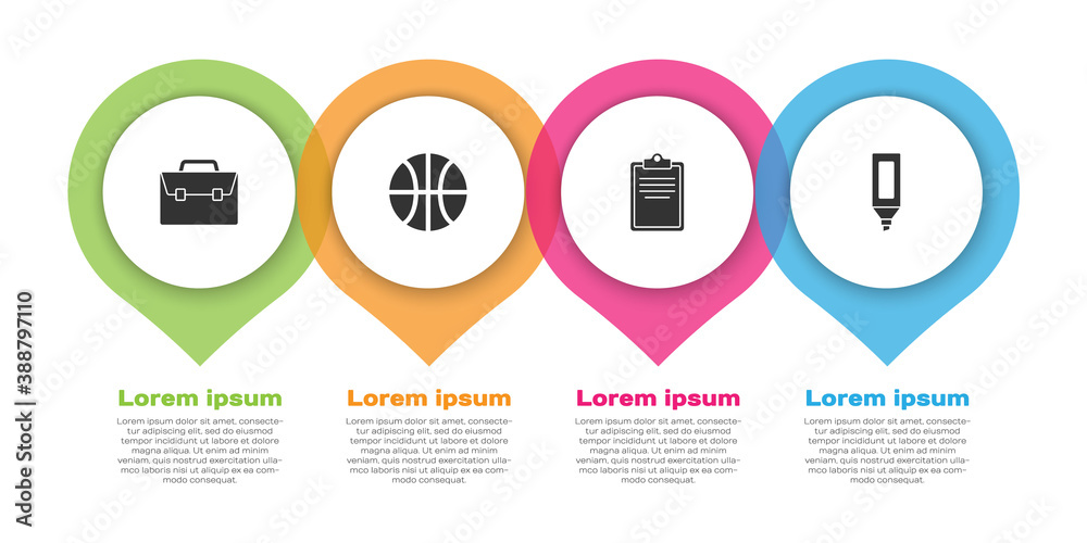 Set Briefcase, Basketball ball, Clipboard with checklist and Marker pen. Business infographic templa