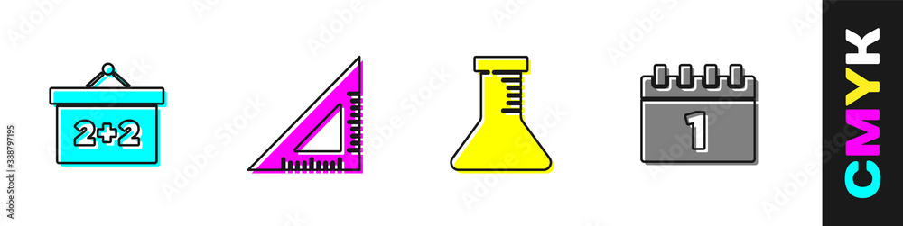 Set Chalkboard, Triangular ruler, Test tube and flask and Calendar first september date icon. Vector