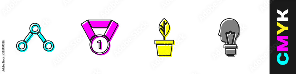 Set Molecule, Medal, Plant in pot and Light bulb with concept of idea icon. Vector.