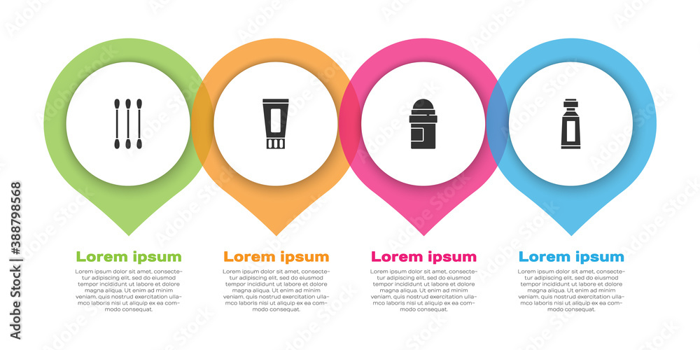 Set Cotton swab for ears, Tube of toothpaste, Antiperspirant deodorant roll and . Business infograph