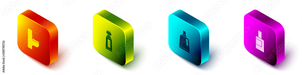 Set Isometric Toilet bowl, Tube of toothpaste, Bottle for cleaning agent and icon. Vector.