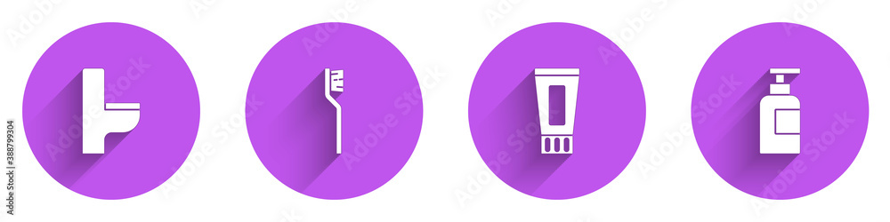 Set Toilet bowl, Toothbrush, Tube of toothpaste and Bottle shampoo icon with long shadow. Vector.