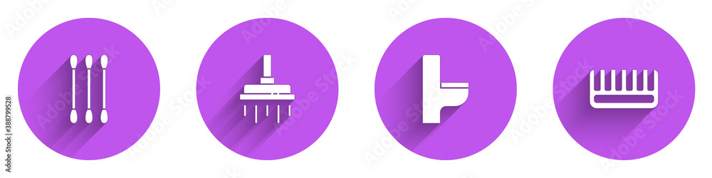 Set Cotton swab for ears, Shower head, Toilet bowl and Hairbrush icon with long shadow. Vector.