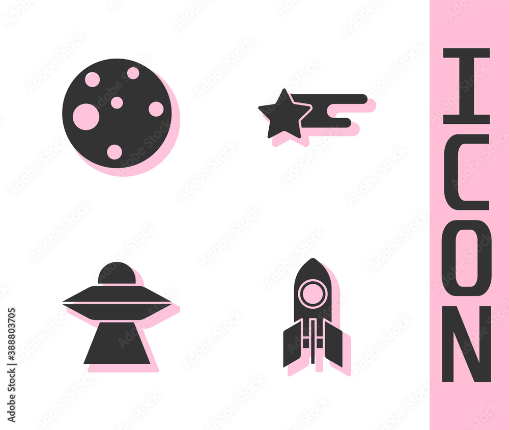 Set Rocket ship, Planet Mars, UFO flying spaceship and Falling star icon. Vector.