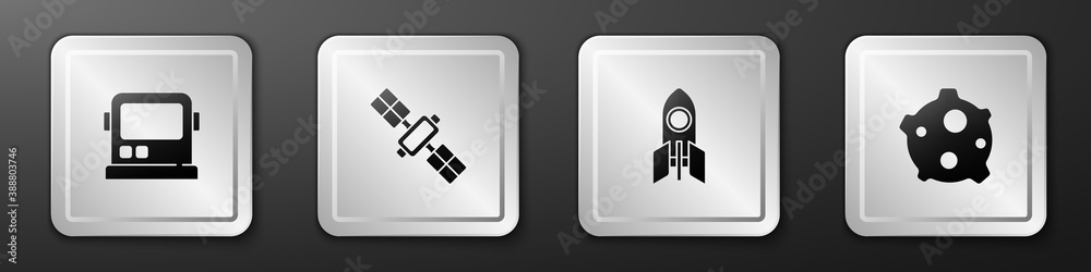 Set Astronaut helmet, Satellite, Rocket ship and Asteroid icon. Silver square button. Vector.