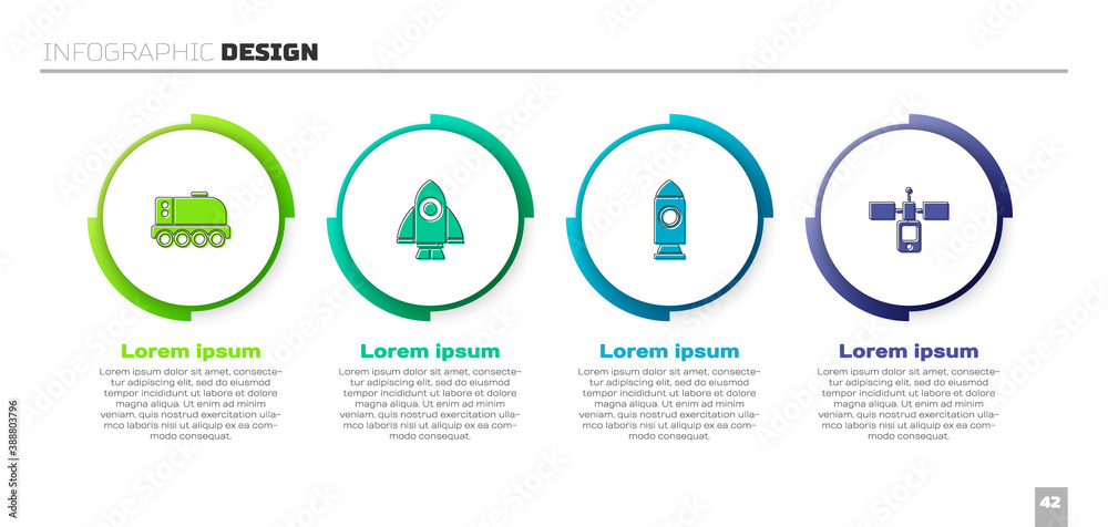 设置火星车、火箭船和卫星。商业信息图模板。矢量。