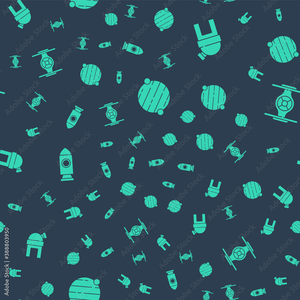 Set Planet, Astronomical observatory, Rocket ship and Cosmic on seamless pattern. Vector.