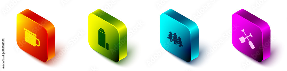 Set Isometric Camping metal mug, Thermos container, Forest and Paddle icon. Vector.