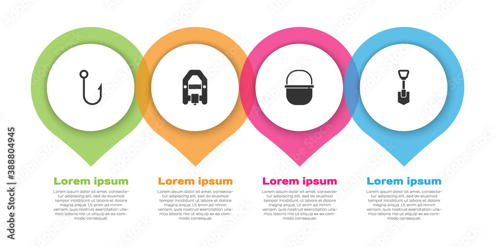 设置钓鱼钩、漂流船、露营壶和铲子。商业信息图模板。矢量。